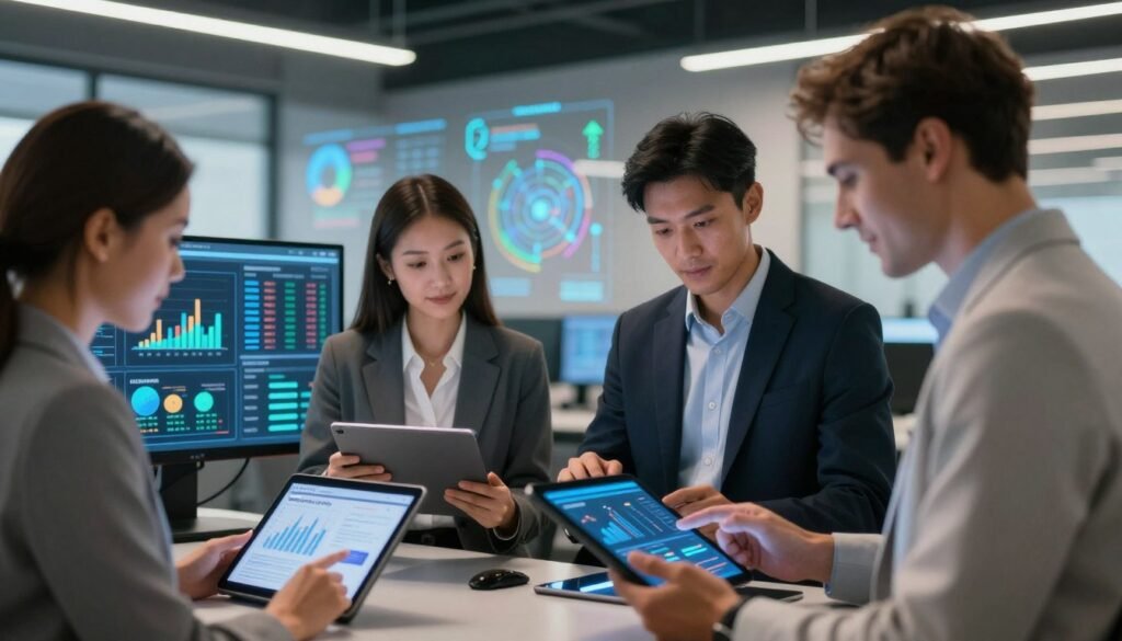 A dynamic scene depicting synthetic consumers in a modern office environment. In the foreground, a diverse group of three individuals, two men and one woman, dressed in professional business attire, are engaging with digital mock-ups of marketing data on sleek tablets. The middle ground showcases futuristic screens displaying visual data analytics, highlighting consumer trends and predictions. In the background, an abstract representation of a digital world filled with algorithms and metrics subtly alludes to artificial intelligence and market research technology. The lighting is bright yet warm, emphasizing a sense of innovation and collaboration. The lens captures the scene with a slight depth of field, creating a focus on the engaged individuals while softly blurring the surroundings. The atmosphere is one of optimism and exploration, symbolizing the rise of synthetic consumers in market research and their impact on decision-making. The image is branded with "WhoShouldIGoWith" subtly incorporated into the