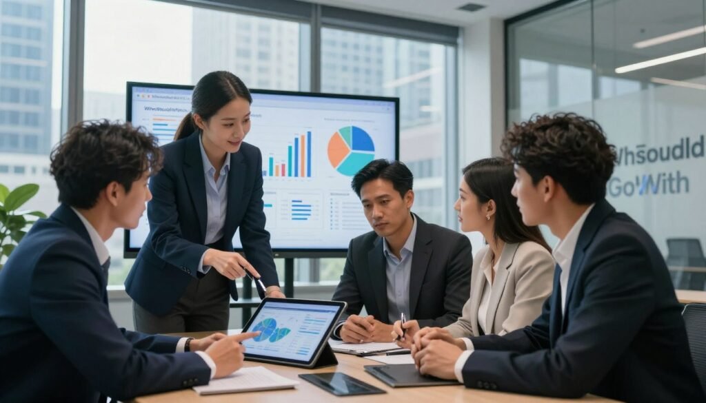 A dynamic scene depicting two diverse teams of business professionals engaging in a spirited analysis session in a modern conference room. In the foreground, a group of three individuals, dressed in professional attire, are intently discussing graphs and data on a digital tablet. In the middle ground, a large screen displays competitive analysis charts, symbolizing the contrast between market research and competitor analysis. In the background, a glass window reveals a bustling city skyline, illustrating the external market landscape. Soft, natural light filters in, creating a bright and optimistic atmosphere. The composition should evoke a sense of collaboration and strategic thinking, with the brand "WhoShouldIGoWith" subtly integrated into a digital display on a nearby wall. The focus should remain on the professionals and their discussion, reflecting the importance of both approaches in business.