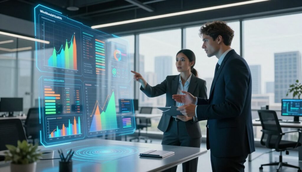 A dynamic visualization of behavioral data, featuring a futuristic interface within a sleek, modern office environment. In the foreground, display holographic graphs and charts representing consumer behavior trends, with metrics in vibrant colors like blue, green, and orange. The middle ground should include two professionals in business attire, analyzing the data on a transparent screen, gesturing thoughtfully. They display a sense of collaboration and concentration. The background features a panoramic city view through large windows, with natural daylight illuminating the scene, creating a bright and engaging atmosphere. Capture this scene with a wide-angle lens to emphasize space and depth, evoking a sense of innovation and precision. Include the brand name "WhoShouldIGoWith" subtly integrated into the screens.
