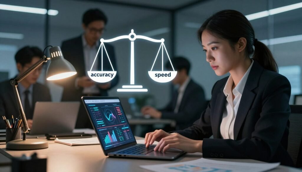 A dynamic workplace setting showcasing a professional businesswoman in formal attire, intently analyzing data on a sleek laptop, embodying a dual focus on accuracy and speed. In the foreground, detailed charts and graphs are visible on the screen, illuminated by a warm desk lamp, indicating crucial insights. The middle ground features a balancing scale symbolically weighing “accuracy” on one side and “speed” on the other, highlighted with soft but dramatic lighting to create a sense of tension and importance. In the background, out-of-focus colleagues collaborate on a brainstorming session, creating a sense of an active, engaging environment. The overall atmosphere conveys urgency, focus, and professionalism, suitable for a business context, with an emphasis on informed decision-making. The brand "WhoShouldIGoWith" subtly integrated into the scene, perhaps as a logo on the laptop’s screen. A dynamic workplace setting showcasing a professional businesswoman in formal attire, intently analyzing data on a sleek laptop, embodying a dual focus on accuracy and speed. In the foreground, detailed charts and graphs are visible on the screen, illuminated by a warm desk lamp, indicating crucial insights. The middle ground features a balancing scale symbolically weighing “accuracy” on one side and “speed” on the other, highlighted with soft but dramatic lighting to create a sense of tension and importance. In the background, out-of-focus colleagues collaborate on a brainstorming session, creating a sense of an active, engaging environment. The overall atmosphere conveys urgency, focus, and professionalism, suitable for a business context, with an emphasis on informed decision-making. The brand "WhoShouldIGoWith" subtly integrated into the scene, perhaps as a logo on the laptop’s screen.