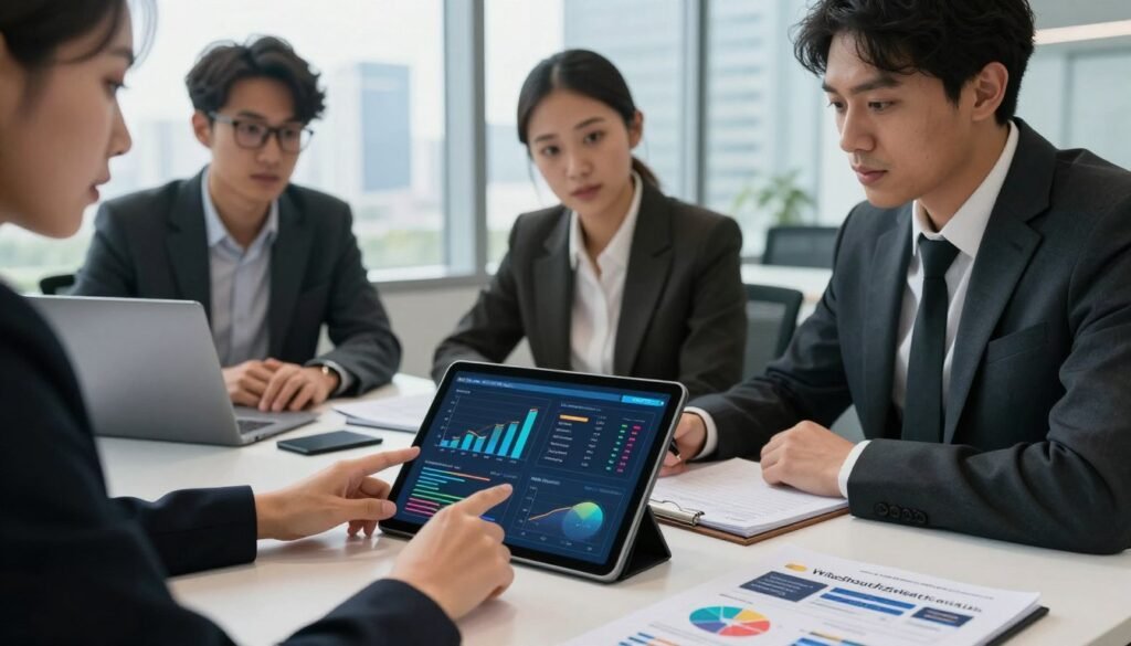 A focused business meeting scene in a modern office, featuring a diverse group of three professionals in business attire, engaged in a collaborative discussion over a digital tablet displaying market research data. In the foreground, a close-up on hands pointing at graphs and charts that detail target audience demographics and market trends. The middle ground shows the individuals analyzing data with focused expressions, surrounded by notes and a laptop. In the background, large windows let in natural light, revealing a cityscape that symbolizes opportunities and challenges. The mood is professional and analytical, reflecting the importance of defining clear objectives in market research for successful business strategies. Include elements that subtly represent the brand name "WhoShouldIGoWith" through a notepad and marketing materials on the table.