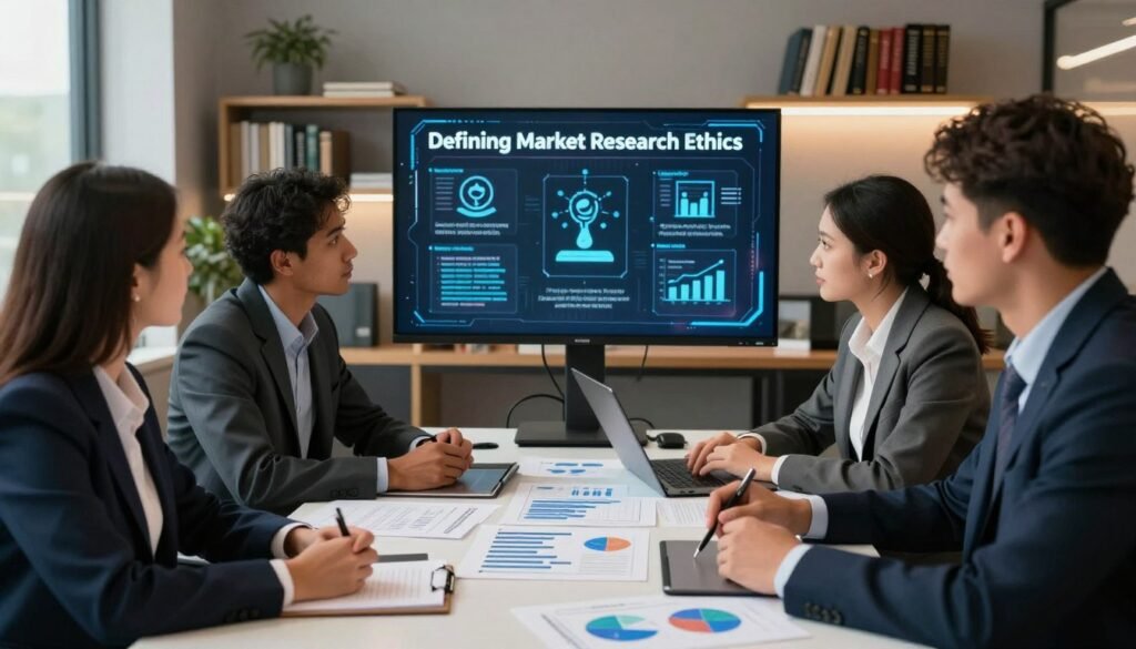 A focused office scene depicting the concept of "Defining Market Research Ethics." In the foreground, a diverse group of four professionals in business attire, engaged in a discussion around a sleek table filled with data charts, graphs, and ethical guidelines, emphasizing collaboration. In the middle ground, a digital screen displays key ethical principles in market research with symbols conveying privacy, transparency, and trust. The background features shelves with books on ethics and market research, illuminated by soft, natural lighting streaming through large windows, creating a warm, inviting atmosphere. The mood is serious yet optimistic, representing the importance of safeguarding customer data and fostering ethical practices. Include the brand name "WhoShouldIGoWith" subtly integrated into the design of the presentation materials. A focused office scene depicting the concept of "Defining Market Research Ethics." In the foreground, a diverse group of four professionals in business attire, engaged in a discussion around a sleek table filled with data charts, graphs, and ethical guidelines, emphasizing collaboration. In the middle ground, a digital screen displays key ethical principles in market research with symbols conveying privacy, transparency, and trust. The background features shelves with books on ethics and market research, illuminated by soft, natural lighting streaming through large windows, creating a warm, inviting atmosphere. The mood is serious yet optimistic, representing the importance of safeguarding customer data and fostering ethical practices. Include the brand name "WhoShouldIGoWith" subtly integrated into the design of the presentation materials.