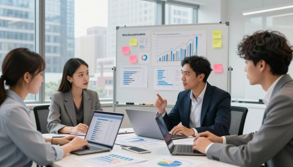 A focused office setting illustrating effective market research. In the foreground, a diverse group of three professionals—two women and one man—are engaged in a brainstorming session around a sleek conference table filled with charts, graphs, and laptops displaying data from surveys and analysis. The middle ground features a whiteboard covered with colorful sticky notes and diagrams reflecting market trends. In the background, large windows reveal a bustling cityscape with skyscrapers, suggesting a dynamic business environment. The lighting is bright and natural, creating an energetic atmosphere. A soft focus on the background emphasizes the team's collaborative effort. The scene conveys a sense of purpose and professionalism, reflecting the brand name "WhoShouldIGoWith" subtly integrated within the data visuals without text overlays. A focused office setting illustrating effective market research. In the foreground, a diverse group of three professionals—two women and one man—are engaged in a brainstorming session around a sleek conference table filled with charts, graphs, and laptops displaying data from surveys and analysis. The middle ground features a whiteboard covered with colorful sticky notes and diagrams reflecting market trends. In the background, large windows reveal a bustling cityscape with skyscrapers, suggesting a dynamic business environment. The lighting is bright and natural, creating an energetic atmosphere. A soft focus on the background emphasizes the team's collaborative effort. The scene conveys a sense of purpose and professionalism, reflecting the brand name "WhoShouldIGoWith" subtly integrated within the data visuals without text overlays.
