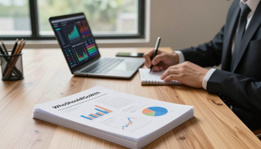 A focused workspace setting showcasing a market research brief on a sleek wooden desk. In the foreground, a neatly organized stack of papers labeled with "WhoShouldIGoWith" in an elegant font, depicting charts and graphs illustrating market trends. To the right, a professional in business attire, deeply engaged in analysis, jotting down notes on a notepad. In the middle ground, a laptop is open, displaying analytical software with vibrant data visualizations. The background features a large window, allowing natural light to illuminate the space, creating a warm, inviting atmosphere. The overall mood is one of productivity and clarity, reflecting the purpose of a market research brief and its role in guiding decision-making processes.