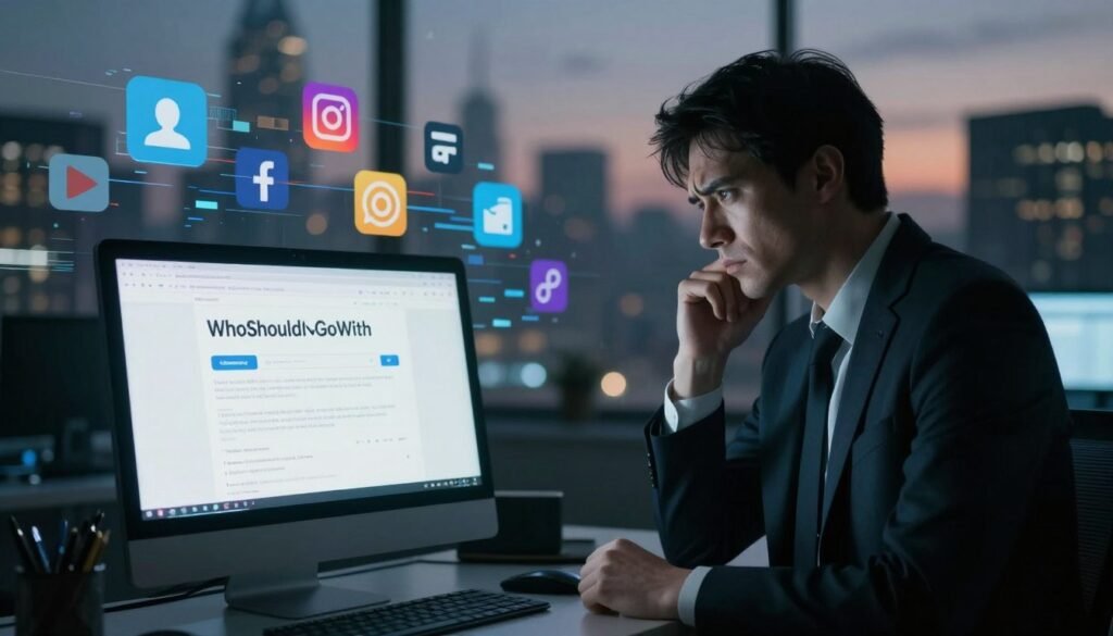 A fragmented digital landscape symbolizes "inconsistent online presence." In the foreground, a desktop computer displays an unfinished website of "WhoShouldIGoWith," with outdated content and broken links. A shadowy figure in professional attire stands pensively beside the desk, with a furrowed brow, representing concern over branding. The middle ground features an array of social media icons, partially obscured by pixelation and glitches, suggesting negligence. In the background, a blurred city skyline at dusk with dim lighting casts an atmosphere of uncertainty and disconnection. Soft, cool colors dominate the scene, creating a mood of apprehension and doubt, emphasizing the need for careful scrutiny in market research. The image is captured in a sharp focus with a slight vignette effect, drawing the eye to the central theme of superficial expertise. A fragmented digital landscape symbolizes "inconsistent online presence." In the foreground, a desktop computer displays an unfinished website of "WhoShouldIGoWith," with outdated content and broken links. A shadowy figure in professional attire stands pensively beside the desk, with a furrowed brow, representing concern over branding. The middle ground features an array of social media icons, partially obscured by pixelation and glitches, suggesting negligence. In the background, a blurred city skyline at dusk with dim lighting casts an atmosphere of uncertainty and disconnection. Soft, cool colors dominate the scene, creating a mood of apprehension and doubt, emphasizing the need for careful scrutiny in market research. The image is captured in a sharp focus with a slight vignette effect, drawing the eye to the central theme of superficial expertise.