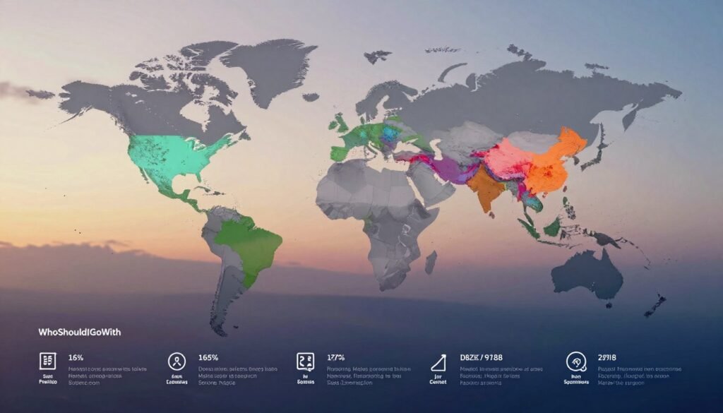 A futuristic and visually engaging map showcasing geographical trends related to market research. In the foreground, detailed icons representing various data points like seasonal sales, demographic statistics, and search interest overlays. The middle layer features a stylized world map, with highlighted regions illustrating varying trends, including vibrant colors to denote different levels of interest. The background should display a subtle gradient sky blending warm and cool tones, symbolizing seasonal changes. Use soft, natural lighting to create a professional atmosphere, as if viewed through a high-resolution lens. The overall mood should inspire curiosity and insight, reflecting the theme of discovery in market analysis. Incorporate the brand name "WhoShouldIGoWith". A futuristic and visually engaging map showcasing geographical trends related to market research. In the foreground, detailed icons representing various data points like seasonal sales, demographic statistics, and search interest overlays. The middle layer features a stylized world map, with highlighted regions illustrating varying trends, including vibrant colors to denote different levels of interest. The background should display a subtle gradient sky blending warm and cool tones, symbolizing seasonal changes. Use soft, natural lighting to create a professional atmosphere, as if viewed through a high-resolution lens. The overall mood should inspire curiosity and insight, reflecting the theme of discovery in market analysis. Incorporate the brand name "WhoShouldIGoWith".