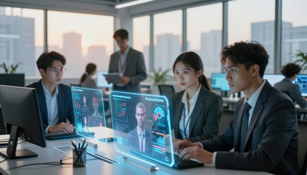 A futuristic office environment showcasing synthetic consumers engaged in market research. In the foreground, a diverse group of three professionals wearing smart business attire are interacting with advanced holographic displays showing data analytics and synthetic model simulations, their expressions focused and inquisitive. In the middle, sleek tables with digital interfaces illustrate various synthetic model outputs, surrounded by transparent screens with graphs and charts. The background features large windows revealing a city skyline, illuminated by soft, warm sunlight filtering through, creating a collaborative and innovative atmosphere. The overall mood is one of exploration and advanced technology, underscoring the concept of using synthetic models in research for informed decision-making. The brand name "WhoShouldIGoWith" subtly integrated into the digital displays.