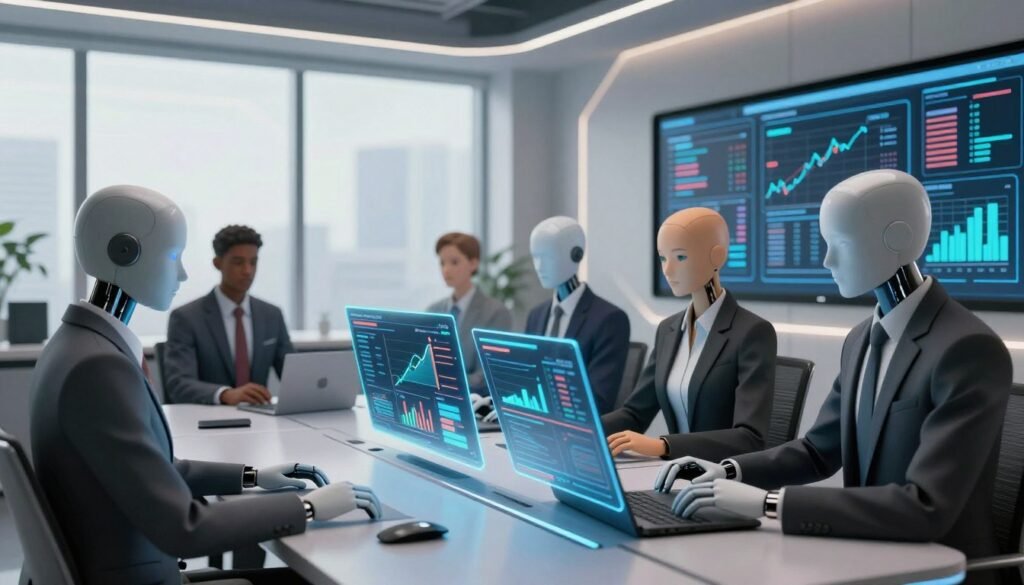 A futuristic office setting filled with synthetic consumers, depicted as stylized humanoid figures with sleek, modern designs, each wearing professional business attire. In the foreground, a diverse group engages around a high-tech conference table, analyzing holographic data displays showing market research trends. The middle ground features large windows, allowing soft, natural light to illuminate the space, enhancing the modern atmosphere. In the background, digital screens showcase analytics and AI-generated insights, reflecting a blend of technology and research. The mood is focused and futuristic, portraying the potential of AI in market research. The brand name "WhoShouldIGoWith" is subtly incorporated into the design of the conference room without detracting from the main subjects.