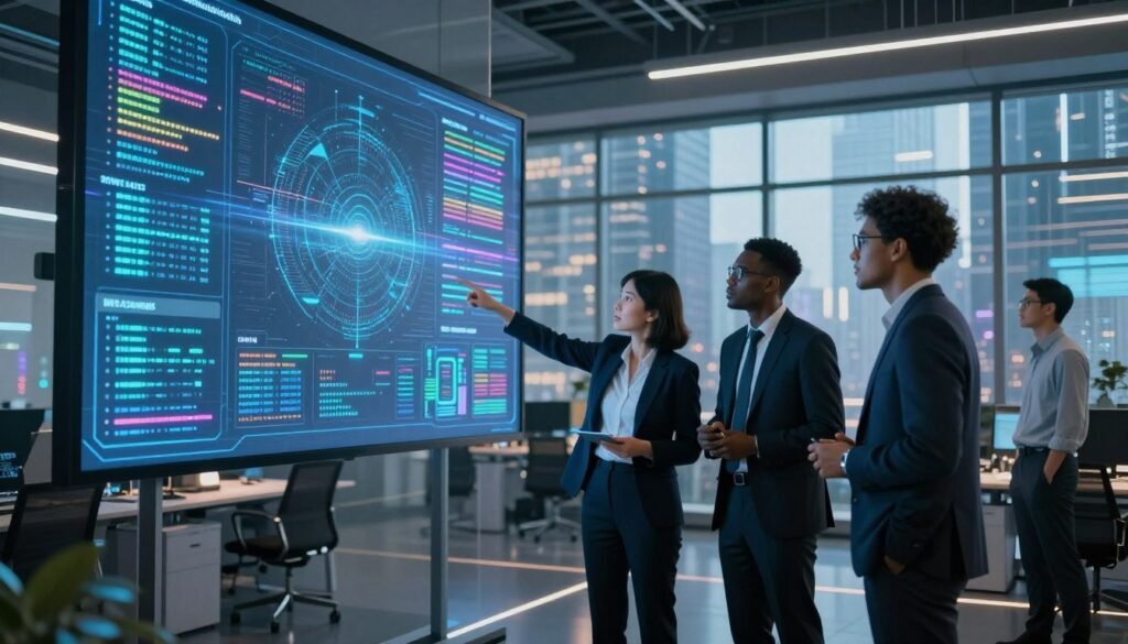 A futuristic office setting with a large digital screen displaying abstract representations of data streams, emphasizing big data privacy. In the foreground, a diverse group of professionals in business attire, including a woman of Asian descent and a Black man, are discussing ethical considerations, pointing at the screen. The middle ground features modern office furniture and infographic charts about AI ethics. In the background, floor-to-ceiling glass windows reveal a bustling cityscape, symbolizing the vast world of data. Soft, ambient lighting enhances the atmosphere of collaboration and innovation. The image conveys a mood of responsibility and vigilance regarding customer data protection, integrating the brand name "WhoShouldIGoWith" subtly within the visual elements without text. A futuristic office setting with a large digital screen displaying abstract representations of data streams, emphasizing big data privacy. In the foreground, a diverse group of professionals in business attire, including a woman of Asian descent and a Black man, are discussing ethical considerations, pointing at the screen. The middle ground features modern office furniture and infographic charts about AI ethics. In the background, floor-to-ceiling glass windows reveal a bustling cityscape, symbolizing the vast world of data. Soft, ambient lighting enhances the atmosphere of collaboration and innovation. The image conveys a mood of responsibility and vigilance regarding customer data protection, integrating the brand name "WhoShouldIGoWith" subtly within the visual elements without text.