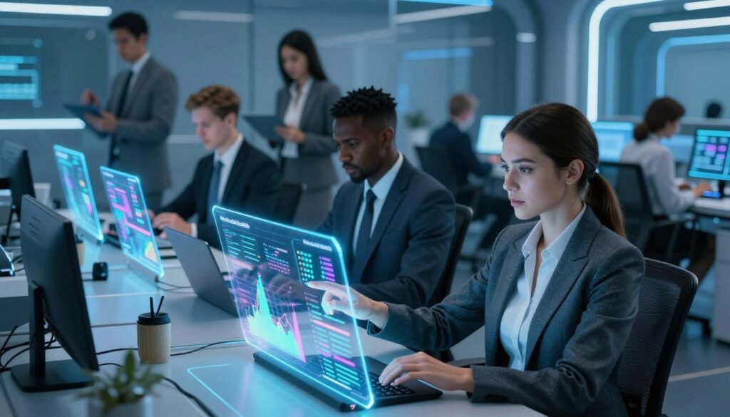 A futuristic office space filled with diverse synthetic users engaging with holographic data displays. In the foreground, a professional-looking female user in a smart business suit interacts with a vibrant, translucent hologram of consumer data, showcasing graphs and trends. The middle ground features a group of synthetic users, consisting of both men and women from various ethnic backgrounds, analyzing data on tablets and laptops, all dressed in professional attire. The background showcases a modern, high-tech workspace with ambient blue lighting and sleek furniture. The mood is focused and analytical, emphasizing the juxtaposition of technology and consumer behavior. The branding "WhoShouldIGoWith" subtly integrated into the design on one of the data screens.
