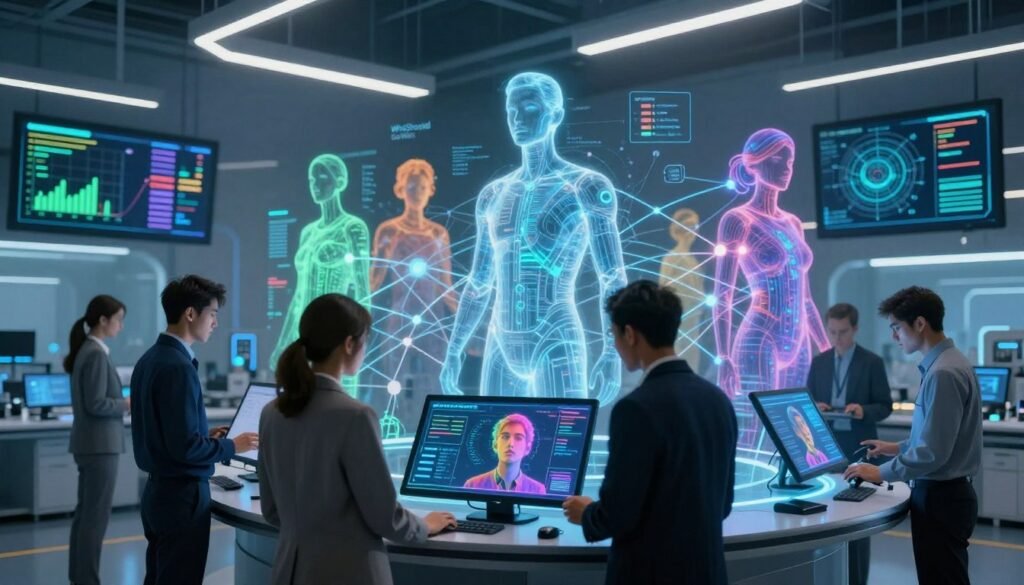 A futuristic research lab setting showcasing large language models as abstract, interconnected data networks. In the foreground, a diverse team of professionals in business attire (both men and women) collaborates over a touchscreen, examining AI-generated personas displayed in vibrant colors. The middle ground features glowing digital representations of personas, visualized as holographic figures, each distinct yet interconnected, symbolizing their diverse characteristics. The background includes large screens displaying data graphs and AI algorithms, with soft blue and green LED lighting to create a modern, sleek atmosphere. The scene is illuminated from above with bright, focused lights casting subtle shadows, enhancing the feeling of innovation and exploration. The branding "WhoShouldIGoWith" subtly integrated within the lab's design elements.