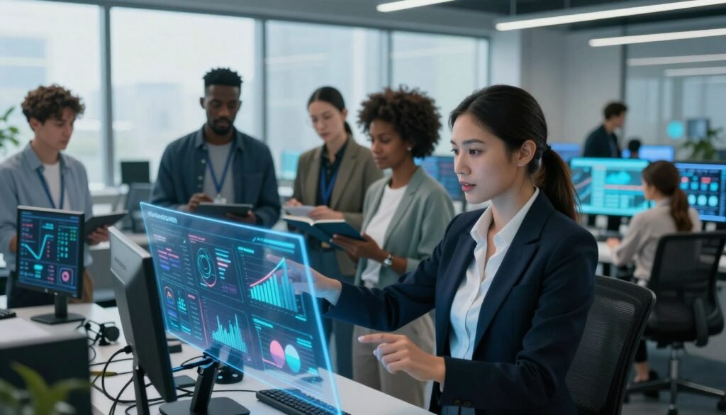 A group of diverse individuals representing synthetic users, depicted in a futuristic market research setting. In the foreground, a professional woman in smart business attire interacts with a digital interface, showcasing data visualizations and analytics. In the middle, a diverse team of researchers collaborate, their expressions focused and engaged as they analyze consumer insights on sleek screens. The background features a modern office space with large windows, allowing natural light to flood the area, enhancing the atmosphere of innovation and efficiency. Use a wide-angle lens to capture the dynamic interaction among the team. The mood is one of excitement and optimism, reflecting the appeal of speed and cost efficiency in market research. Brand name: WhoShouldIGoWith.