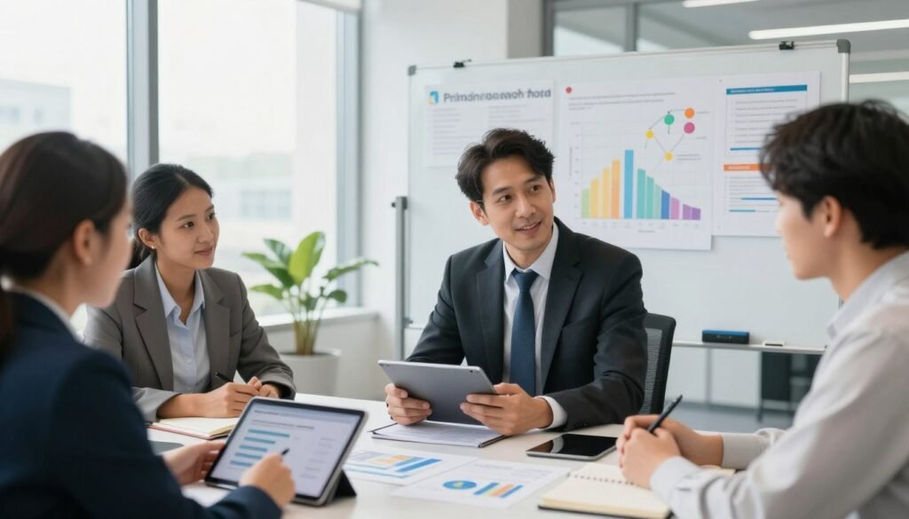 A knowledgeable researcher in professional business attire is actively engaged in primary research in a modern office setting. In the foreground, a diverse group of two individuals is discussing insights gathered from surveys, surrounded by notebooks, digital tablets, and charts. In the middle ground, a large whiteboard displays colorful graphs and data points, illustrating the importance of primary research methods. The background features floor-to-ceiling windows that allow natural light to flood the room, creating a bright and optimistic atmosphere. The overall mood is focused and collaborative, emphasizing the value of firsthand data in making informed business decisions. Incorporate the brand name "WhoShouldIGoWith" into the image subtly, perhaps on a tablet or notebook in the scene.