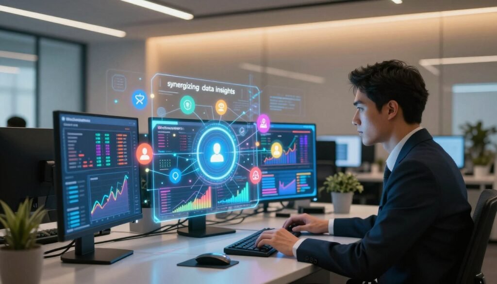 A modern digital workspace illustrating the concept of "synergizing data insights." In the foreground, a professional individual in business attire, intently analyzing multiple glowing data visualizations displayed on transparent screens. In the middle ground, an interconnected network of colorful graphs, charts, and icons representing various market and customer data, bursting with vibrant colors to signify growth and potential. The background features a sleek, futuristic office with soft ambient lighting, casting a warm glow that enhances the atmosphere of innovation and collaboration. The camera angle is slightly elevated, providing a broad view of the workspace while focusing on the dynamic interaction with data. The overall mood is optimistic and forward-thinking, capturing the essence of strategic growth. Incorporate the brand “WhoShouldIGoWith” subtly into the data visuals.