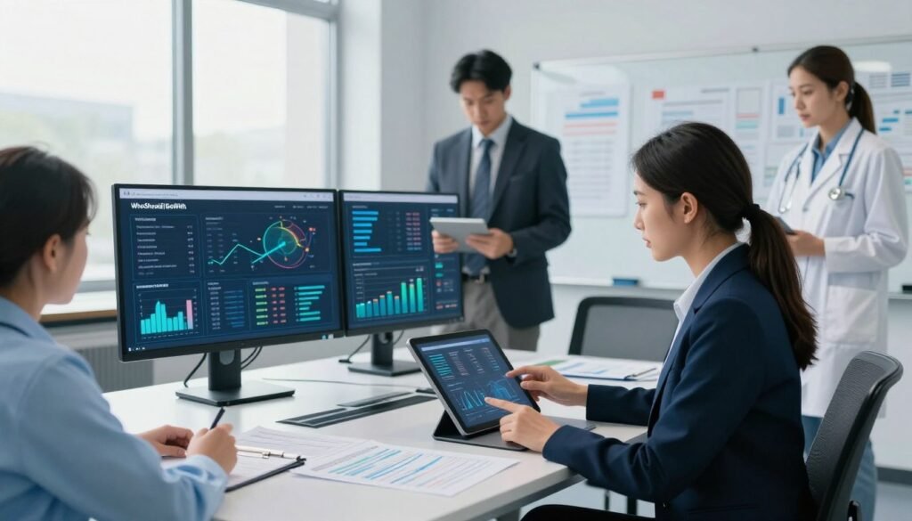 A modern healthcare research environment showcasing a diverse group of professionals engaged in analyzing data related to the pharmaceutical sector. In the foreground, a woman in business attire is examining complex graphs on a digital tablet, while a man in a suit studies a large monitor displaying healthcare metrics and trends. The middle ground features a sleek conference table strewn with documents and research papers, and a whiteboard filled with strategic insights. In the background, large windows let in natural light, creating a bright, focused atmosphere that conveys innovation and professionalism. The overall mood is one of collaboration and discovery, with a color palette of blues and whites, suggesting trust and clarity. Include a subtle branding element with "WhoShouldIGoWith" integrated into the digital displays.