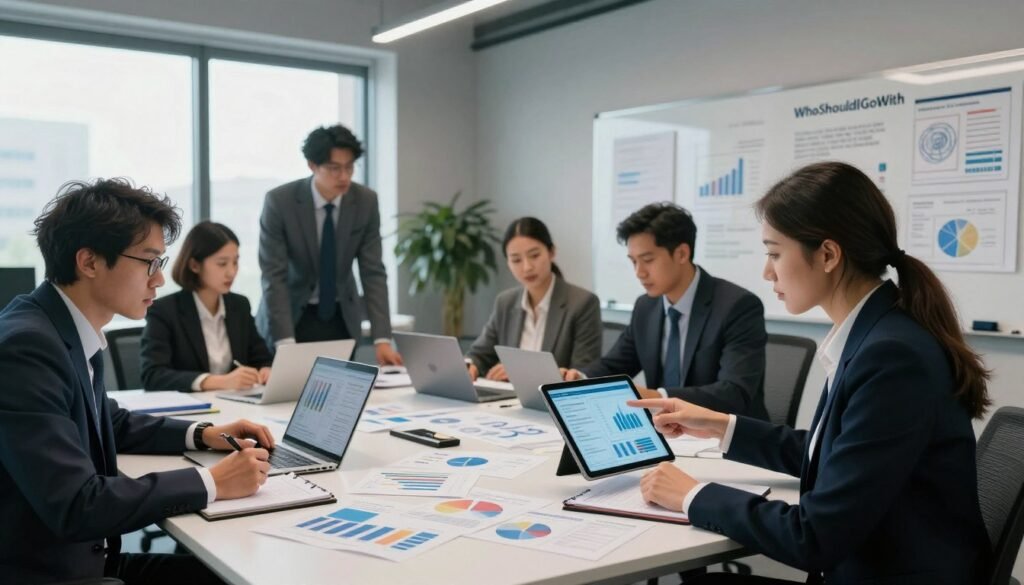 A modern market research agency office setting, featuring a diverse group of professionals in business attire engaged in a brainstorming session. In the foreground, a confident woman points at a digital tablet, analyzing data, while a man with glasses takes notes. In the middle, a large table cluttered with charts, graphs, and laptops, suggesting active discussion. The background showcases a sleek office space with large windows letting in soft, natural light, and a whiteboard filled with strategic market insights. The atmosphere is collaborative and focused, evoking a sense of innovation and teamwork. The brand name "WhoShouldIGoWith" subtly integrated into the office decor. Shot with a wide-angle lens to capture the dynamic environment.