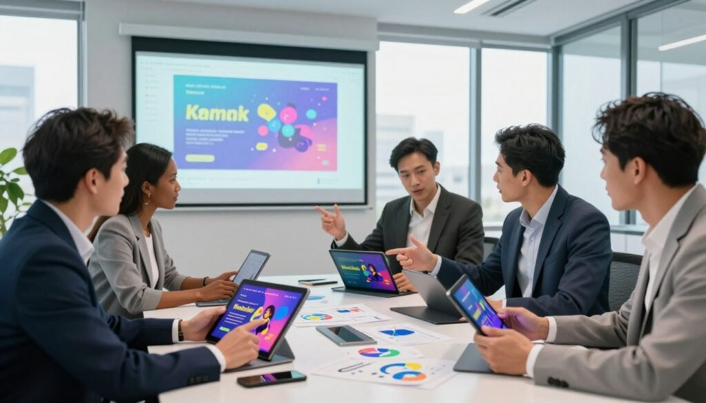 A modern office conference room filled with professionals engaged in ad concept testing for marketing optimization. In the foreground, a diverse group of four individuals in professional business attire, including men and women of various ethnicities, are gathered around a sleek, oval table, reviewing visual materials displayed on tablets. One person, pointing at a vibrant ad design, conveys enthusiasm. In the middle ground, a projector displays a colorful ad concept presentation on the wall, while notes and charts are scattered on the table, enhancing the brainstorming atmosphere. The background shows large windows with natural light streaming in, creating a bright and optimistic mood. The brand name "WhoShouldIGoWith" is subtly included in one of the ad designs on the table. Aim for a dynamic, collaborative setting that highlights the importance of ad concept testing. A modern office conference room filled with professionals engaged in ad concept testing for marketing optimization. In the foreground, a diverse group of four individuals in professional business attire, including men and women of various ethnicities, are gathered around a sleek, oval table, reviewing visual materials displayed on tablets. One person, pointing at a vibrant ad design, conveys enthusiasm. In the middle ground, a projector displays a colorful ad concept presentation on the wall, while notes and charts are scattered on the table, enhancing the brainstorming atmosphere. The background shows large windows with natural light streaming in, creating a bright and optimistic mood. The brand name "WhoShouldIGoWith" is subtly included in one of the ad designs on the table. Aim for a dynamic, collaborative setting that highlights the importance of ad concept testing.