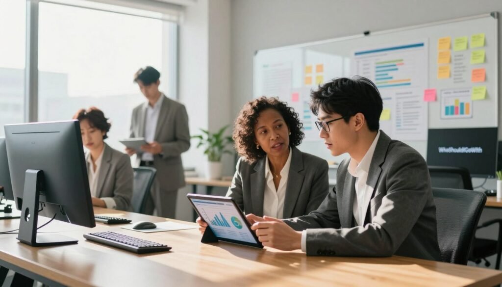 A modern office environment bustling with energy, showcasing a professional setting with three diverse business experts analyzing market research data. In the foreground, a middle-aged Black woman in a smart blazer is engaged in deep discussion with a young Asian man in glasses, both looking at a digital tablet displaying graphs. The middle layer features a large whiteboard filled with colorful charts and sticky notes, emphasizing strategic planning. In the background, a bright window provides natural light, illuminating the scene and creating an optimistic atmosphere. Soft shadows play on polished wooden surfaces, enhancing focus on the experts. The room conveys professionalism and collaboration, branded discreetly with "WhoShouldIGoWith" on a sleek screen.