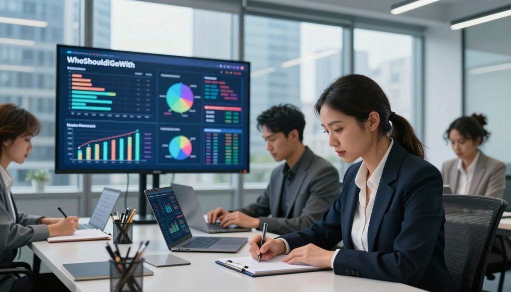 A modern office environment depicting a diverse team of market researchers analyzing data. In the foreground, a focused woman in professional attire takes notes on a notepad, while a man beside her examines graphs on a laptop. In the middle ground, a large screen displays colorful charts and statistics, emphasizing insights derived from market research. The background features glass walls with views of a bustling city skyline, fostering a sense of professionalism and productivity. The lighting is bright and natural, streaming in through the windows, creating an energetic atmosphere. Capture the essence of teamwork and analytical thinking to represent the importance of professional market research for business growth. Include a subtle logo or branding element with “WhoShouldIGoWith” integrated into a presentation on the screen. A modern office environment depicting a diverse team of market researchers analyzing data. In the foreground, a focused woman in professional attire takes notes on a notepad, while a man beside her examines graphs on a laptop. In the middle ground, a large screen displays colorful charts and statistics, emphasizing insights derived from market research. The background features glass walls with views of a bustling city skyline, fostering a sense of professionalism and productivity. The lighting is bright and natural, streaming in through the windows, creating an energetic atmosphere. Capture the essence of teamwork and analytical thinking to represent the importance of professional market research for business growth. Include a subtle logo or branding element with “WhoShouldIGoWith” integrated into a presentation on the screen.