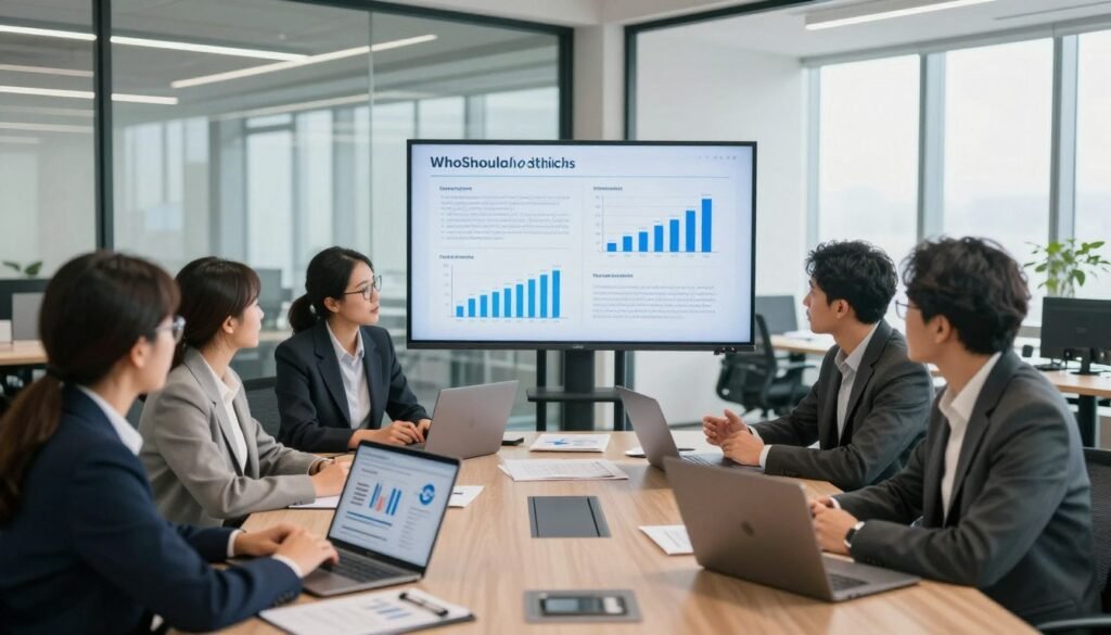 A modern office environment depicting the essence of market research ethics. In the foreground, a diverse group of professionals in business attire is engaged in a thoughtful discussion, surrounded by laptops and charts detailing customer data protection measures. In the middle ground, a large screen displays graphs and ethical guidelines for data handling, symbolizing transparency and responsibility. The background features a bright, well-lit office with glass walls, emphasizing openness and integrity. Soft, natural lighting enhances the atmosphere, creating a warm yet focused mood. The company logo "WhoShouldIGoWith" subtly integrated into the design, reinforcing a commitment to ethical standards in market research. Capture this scene with a wide-angle lens, maintaining clarity and depth throughout the composition. A modern office environment depicting the essence of market research ethics. In the foreground, a diverse group of professionals in business attire is engaged in a thoughtful discussion, surrounded by laptops and charts detailing customer data protection measures. In the middle ground, a large screen displays graphs and ethical guidelines for data handling, symbolizing transparency and responsibility. The background features a bright, well-lit office with glass walls, emphasizing openness and integrity. Soft, natural lighting enhances the atmosphere, creating a warm yet focused mood. The company logo "WhoShouldIGoWith" subtly integrated into the design, reinforcing a commitment to ethical standards in market research. Capture this scene with a wide-angle lens, maintaining clarity and depth throughout the composition.