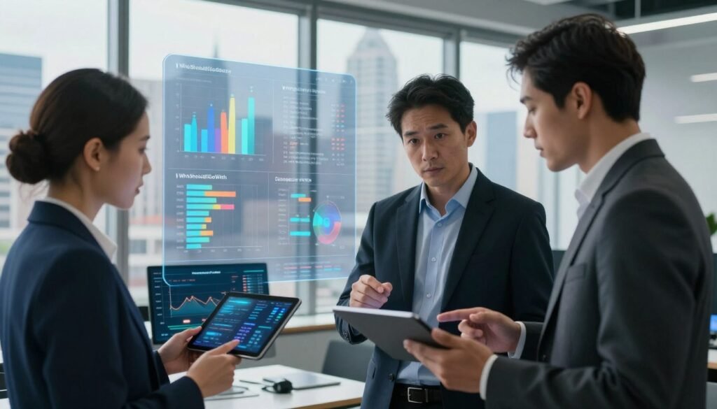 A modern office environment emphasizes competitor analysis with a focus on market research. In the foreground, a diverse group of three professionals in business attire are actively discussing data presented on a sleek digital tablet. The middle layer features detailed graphs and charts displayed on transparent screens, representing various competitors' strengths and weaknesses. In the background, a panoramic window shows a bustling city skyline, symbolizing a dynamic market landscape. Soft natural lighting streams in, creating a productive atmosphere. The overall mood is collaborative and analytical, reflecting the theme of finding market gaps. The image incorporates the brand name "WhoShouldIGoWith" subtly within the digital data display, ensuring it aligns with the professional context of the scene. A modern office environment emphasizes competitor analysis with a focus on market research. In the foreground, a diverse group of three professionals in business attire are actively discussing data presented on a sleek digital tablet. The middle layer features detailed graphs and charts displayed on transparent screens, representing various competitors' strengths and weaknesses. In the background, a panoramic window shows a bustling city skyline, symbolizing a dynamic market landscape. Soft natural lighting streams in, creating a productive atmosphere. The overall mood is collaborative and analytical, reflecting the theme of finding market gaps. The image incorporates the brand name "WhoShouldIGoWith" subtly within the digital data display, ensuring it aligns with the professional context of the scene.