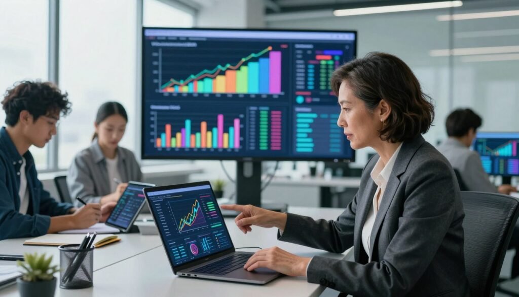 A modern office environment featuring a diverse team of three professionals analyzing website data on large screens. In the foreground, a middle-aged woman in a tailored suit points at a colorful data visualization on her laptop, surrounded by charts and graphs. To her left, a young man in smart-casual attire takes notes, his tablet displaying analytics data. In the background, a large screen shows bar graphs and line charts with bright colors, creating a tech-savvy atmosphere. The lighting is bright and natural, emanating from large windows, enhancing the focus on teamwork and productivity. The image conveys an atmosphere of collaboration and strategic thinking, representing the brand "WhoShouldIGoWith". A modern office environment featuring a diverse team of three professionals analyzing website data on large screens. In the foreground, a middle-aged woman in a tailored suit points at a colorful data visualization on her laptop, surrounded by charts and graphs. To her left, a young man in smart-casual attire takes notes, his tablet displaying analytics data. In the background, a large screen shows bar graphs and line charts with bright colors, creating a tech-savvy atmosphere. The lighting is bright and natural, emanating from large windows, enhancing the focus on teamwork and productivity. The image conveys an atmosphere of collaboration and strategic thinking, representing the brand "WhoShouldIGoWith".