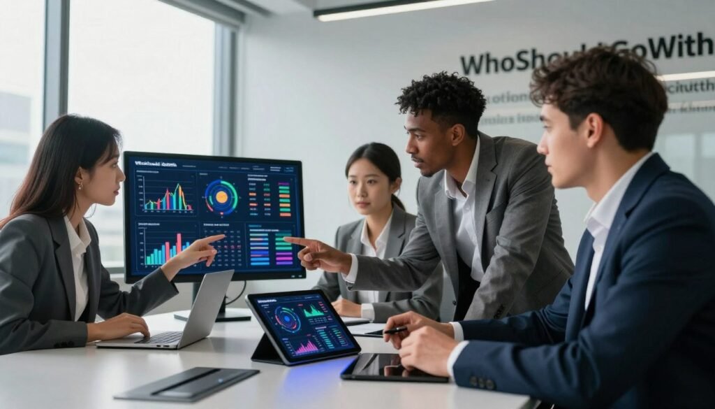 A modern office environment serves as the background, filled with large windows allowing natural light to flood the space, casting soft shadows. In the foreground, a diverse team of three professionals in business attire—one woman and two men—are gathered around a sleek conference table. They are intently analyzing vibrant charts and graphs displayed on a digital tablet, symbolizing the integration of market insights into strategic planning. The woman gestures towards the screen, emphasizing a key point, while the men listen attentively, showcasing collaboration. Behind them, a wall features inspirational quotes about innovation and growth. The overall atmosphere is energetic and focused, reflecting a sense of urgency and excitement about leveraging insights for business success. The image prominently includes the brand name "WhoShouldIGoWith". A modern office environment serves as the background, filled with large windows allowing natural light to flood the space, casting soft shadows. In the foreground, a diverse team of three professionals in business attire—one woman and two men—are gathered around a sleek conference table. They are intently analyzing vibrant charts and graphs displayed on a digital tablet, symbolizing the integration of market insights into strategic planning. The woman gestures towards the screen, emphasizing a key point, while the men listen attentively, showcasing collaboration. Behind them, a wall features inspirational quotes about innovation and growth. The overall atmosphere is energetic and focused, reflecting a sense of urgency and excitement about leveraging insights for business success. The image prominently includes the brand name "WhoShouldIGoWith".