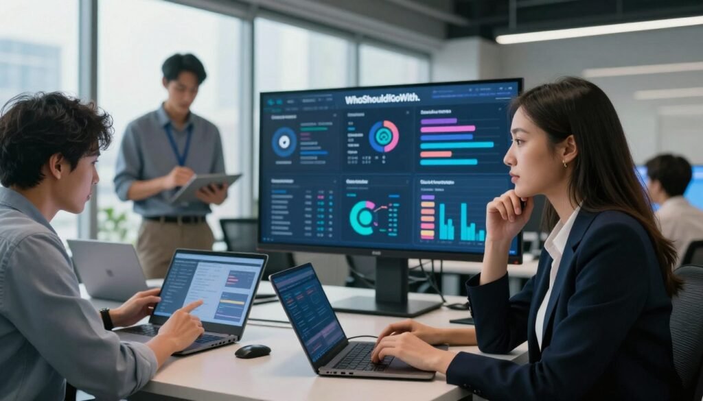 A modern office environment showcasing a diverse group of professionals engaged in social listening, analyzing real-time feedback. In the foreground, a woman in smart business attire looks intently at a large digital dashboard displaying social media metrics and customer insights, her expression focused and thoughtful. To the left, a man in casual but professional clothing reviews data on a tablet, while a colleague is seen discussing strategies with a laptop open, highlighting collaboration. The background features large windows with city views, allowing soft natural light to illuminate the space, creating a vibrant, optimistic atmosphere. The mood is one of innovation and teamwork, emphasizing the importance of real-time feedback in enhancing customer experience. Branding clearly visible on the dashboard reads "WhoShouldIGoWith."