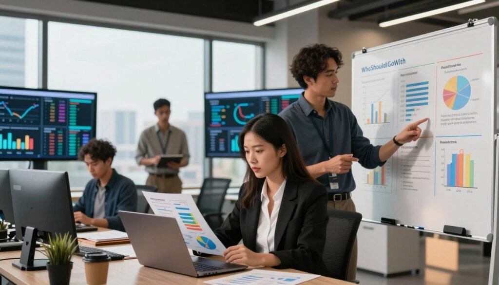 A modern office environment showcasing a team of diverse professionals analyzing pricing and marketing strategies. In the foreground, a focused businesswoman in smart attire studies colorful graphs and charts on a laptop, while a man beside her points at a whiteboard filled with pricing comparisons and market insights. The middle ground features a large window with a cityscape view, filling the room with natural light that enhances a collaborative atmosphere. In the background, a large screen displays digital marketing data. The overall mood is one of productivity and innovation, with warm lighting highlighting the team's engagement. Include branding elements resembling "WhoShouldIGoWith" subtly integrated into the whiteboard content.
