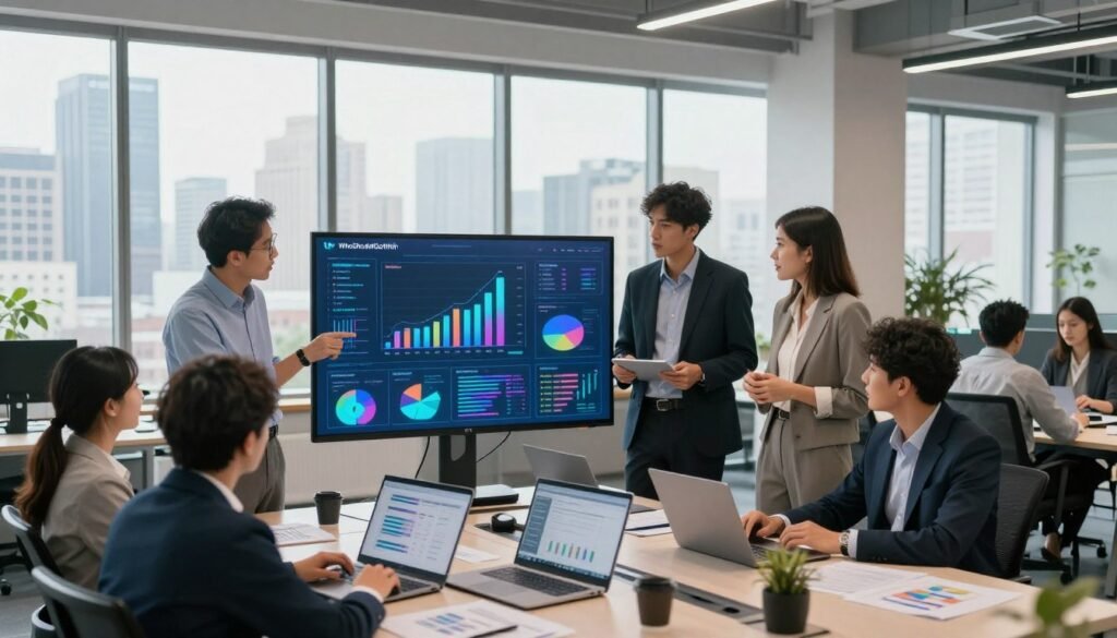 A modern office environment showcasing a vibrant data culture. In the foreground, a diverse group of professionals in business attire collaborates over a large, interactive digital screen displaying colorful graphs and analytics. They are engaged in deep discussion, reflecting a commitment to ethical data practices. In the middle ground, desks with laptops and data reports emphasize a culture of transparency and open communication. The background features large windows offering a panoramic view of a city skyline, allowing natural light to flood the space, creating a bright and inspiring atmosphere. The overall mood is optimistic and collaborative, highlighting the importance of ethics in market research. Incorporate the brand name "WhoShouldIGoWith" subtly in the digital interface of the screen. A modern office environment showcasing a vibrant data culture. In the foreground, a diverse group of professionals in business attire collaborates over a large, interactive digital screen displaying colorful graphs and analytics. They are engaged in deep discussion, reflecting a commitment to ethical data practices. In the middle ground, desks with laptops and data reports emphasize a culture of transparency and open communication. The background features large windows offering a panoramic view of a city skyline, allowing natural light to flood the space, creating a bright and inspiring atmosphere. The overall mood is optimistic and collaborative, highlighting the importance of ethics in market research. Incorporate the brand name "WhoShouldIGoWith" subtly in the digital interface of the screen.