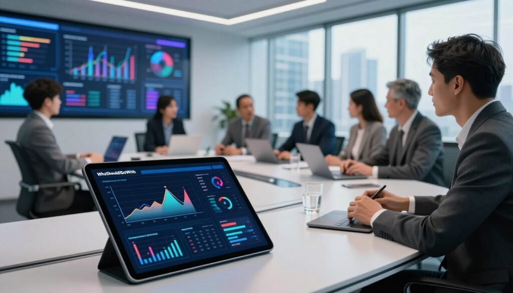 A modern office environment showcasing key technologies in market research. In the foreground, a sleek touchscreen tablet displays data analytics with colorful graphs and charts, emphasizing AI-driven insights. The middle ground features a diverse group of professionals, dressed in business attire, engaged in discussion around a conferencing table, highlighting collaboration in technology use. The background shows large digital screens displaying trends and statistics, with a futuristic cityscape visible through panoramic windows, symbolizing innovation. Soft, bright lighting creates an inspiring atmosphere, with a slight gradient emphasizing the advanced technology theme. The overall mood conveys a sense of progress and strategy in the realm of AI and market research, featuring the brand name "WhoShouldIGoWith". A modern office environment showcasing key technologies in market research. In the foreground, a sleek touchscreen tablet displays data analytics with colorful graphs and charts, emphasizing AI-driven insights. The middle ground features a diverse group of professionals, dressed in business attire, engaged in discussion around a conferencing table, highlighting collaboration in technology use. The background shows large digital screens displaying trends and statistics, with a futuristic cityscape visible through panoramic windows, symbolizing innovation. Soft, bright lighting creates an inspiring atmosphere, with a slight gradient emphasizing the advanced technology theme. The overall mood conveys a sense of progress and strategy in the realm of AI and market research, featuring the brand name "WhoShouldIGoWith".