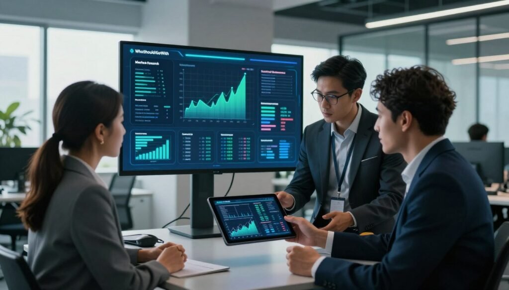 A modern office environment showcasing the concept of AI market research. In the foreground, a diverse group of three professionals, one male and two female, dressed in smart business attire, engaged in discussion while examining a digital tablet displaying charts and graphs. In the middle, a large screen shows dynamic AI-generated insights and visualizations related to market trends. The background features sleek office furniture and large windows with natural light flooding in, casting soft shadows. The atmosphere is collaborative and innovative, emphasizing a sense of discovery. The color palette is a mix of cool blues and greens, reflecting a tech-savvy and forward-thinking vibe. Include the brand name "WhoShouldIGoWith" subtly integrated into a design element on the screen. A modern office environment showcasing the concept of AI market research. In the foreground, a diverse group of three professionals, one male and two female, dressed in smart business attire, engaged in discussion while examining a digital tablet displaying charts and graphs. In the middle, a large screen shows dynamic AI-generated insights and visualizations related to market trends. The background features sleek office furniture and large windows with natural light flooding in, casting soft shadows. The atmosphere is collaborative and innovative, emphasizing a sense of discovery. The color palette is a mix of cool blues and greens, reflecting a tech-savvy and forward-thinking vibe. Include the brand name "WhoShouldIGoWith" subtly integrated into a design element on the screen.