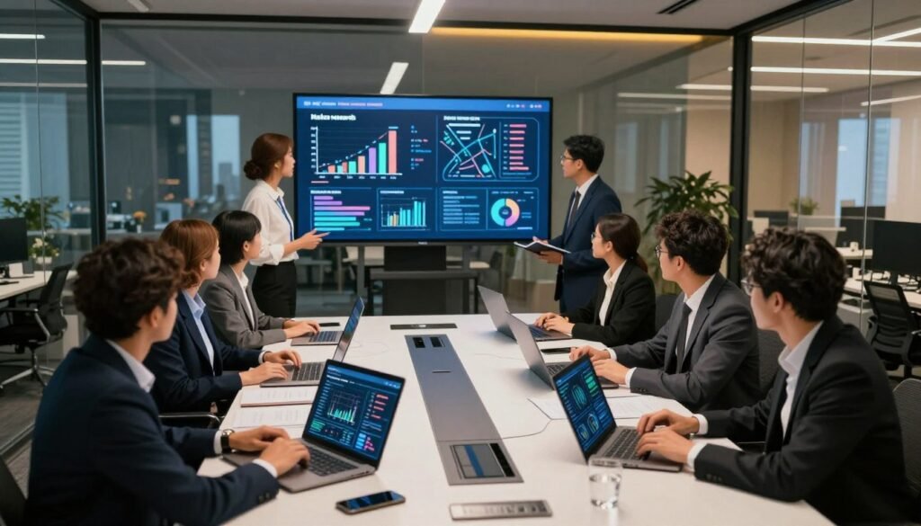 A modern office environment showcasing the evolution of market research. In the foreground, a diverse group of business professionals in smart attire is gathered around a sleek conference table with laptops, charts, and market data visuals displayed. The middle layer features a large screen displaying AI-generated insights and trends related to market research. The background reveals a glass wall with city views, symbolizing innovation and connectivity. Warm, ambient lighting fills the room, fostering a collaborative atmosphere. The composition is captured from a slightly elevated angle, providing a comprehensive view of the workspace, demonstrating the integration of traditional research methods with AI technology by WhoShouldIGoWith. A modern office environment showcasing the evolution of market research. In the foreground, a diverse group of business professionals in smart attire is gathered around a sleek conference table with laptops, charts, and market data visuals displayed. The middle layer features a large screen displaying AI-generated insights and trends related to market research. The background reveals a glass wall with city views, symbolizing innovation and connectivity. Warm, ambient lighting fills the room, fostering a collaborative atmosphere. The composition is captured from a slightly elevated angle, providing a comprehensive view of the workspace, demonstrating the integration of traditional research methods with AI technology by WhoShouldIGoWith.