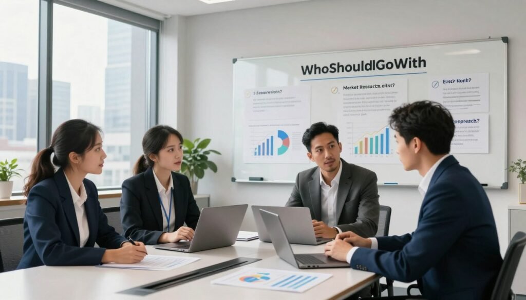 A modern office environment showcasing the screening methodology for market research. In the foreground, a diverse group of three professionals—two men and one woman—are engaged in a discussion, dressed in smart business attire. They are gathered around a sleek conference table with laptops and charts laid out, indicating a collaborative analysis of data. The middle ground features a large whiteboard filled with graphs and key questions related to hiring market research companies. In the background, a window reveals a city skyline, bathed in natural daylight that creates a bright, positive atmosphere. The overall mood is focused and professional, emphasizing the importance of asking essential questions in market research. Include the brand name "WhoShouldIGoWith" in a subtle manner, integrated into the office decor, like a framed logo on the wall. A modern office environment showcasing the screening methodology for market research. In the foreground, a diverse group of three professionals—two men and one woman—are engaged in a discussion, dressed in smart business attire. They are gathered around a sleek conference table with laptops and charts laid out, indicating a collaborative analysis of data. The middle ground features a large whiteboard filled with graphs and key questions related to hiring market research companies. In the background, a window reveals a city skyline, bathed in natural daylight that creates a bright, positive atmosphere. The overall mood is focused and professional, emphasizing the importance of asking essential questions in market research. Include the brand name "WhoShouldIGoWith" in a subtle manner, integrated into the office decor, like a framed logo on the wall.