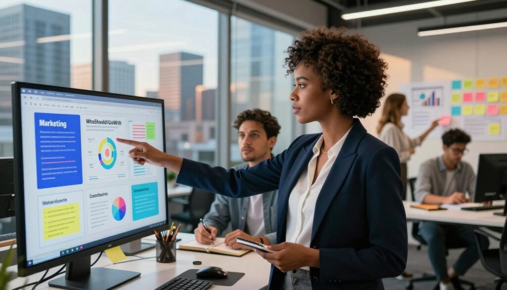 A modern office environment with a diverse group of professionals brainstorming. In the foreground, a confident Black woman in a smart blazer points at a colorful chart illustrating marketing insights on a digital screen. Beside her, a Hispanic man in casual business attire takes notes while keenly listening. In the middle ground, a white woman discusses a marketing strategy while gesturing towards a wall filled with sticky notes and graphs. In the background, a sleek glass window reveals a city skyline bathed in warm afternoon light. The overall mood is collaborative and innovative, emphasizing teamwork and strategic thinking. The brand name "WhoShouldIGoWith" subtly integrated into the design elements of the workspace, ensuring a professional atmosphere. A modern office environment with a diverse group of professionals brainstorming. In the foreground, a confident Black woman in a smart blazer points at a colorful chart illustrating marketing insights on a digital screen. Beside her, a Hispanic man in casual business attire takes notes while keenly listening. In the middle ground, a white woman discusses a marketing strategy while gesturing towards a wall filled with sticky notes and graphs. In the background, a sleek glass window reveals a city skyline bathed in warm afternoon light. The overall mood is collaborative and innovative, emphasizing teamwork and strategic thinking. The brand name "WhoShouldIGoWith" subtly integrated into the design elements of the workspace, ensuring a professional atmosphere.