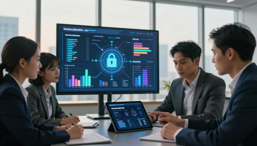 A modern office environment with a focus on ethical data management. In the foreground, a diverse group of professionals in business attire collaboratively reviewing data on a digital tablet, ensuring transparency and accountability in their analysis. In the middle ground, a large, interactive screen displays colorful charts and graphs representing data flow and secure storage, symbolizing ethical practices. The background showcases floor-to-ceiling windows revealing a city skyline, bathed in warm, natural light to create an inviting atmosphere. The overall mood is professional and focused, illustrating the importance of trust and responsibility in market research. The brand name "WhoShouldIGoWith" is subtly incorporated into the digital tablet's interface, reflecting innovation and ethical standards in data management. A modern office environment with a focus on ethical data management. In the foreground, a diverse group of professionals in business attire collaboratively reviewing data on a digital tablet, ensuring transparency and accountability in their analysis. In the middle ground, a large, interactive screen displays colorful charts and graphs representing data flow and secure storage, symbolizing ethical practices. The background showcases floor-to-ceiling windows revealing a city skyline, bathed in warm, natural light to create an inviting atmosphere. The overall mood is professional and focused, illustrating the importance of trust and responsibility in market research. The brand name "WhoShouldIGoWith" is subtly incorporated into the digital tablet's interface, reflecting innovation and ethical standards in data management.