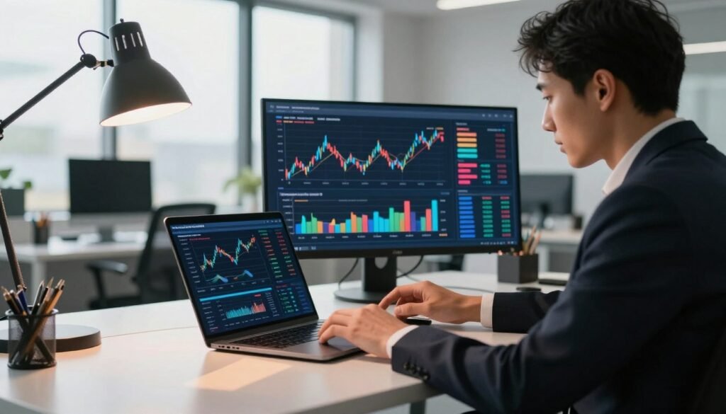 A modern office environment with a sleek desk featuring a laptop displaying financial graphs and calculations related to market research spend. In the foreground, a professional individual in business attire is analyzing data, focused and engaged. The middle ground includes charts and colorful data visualizations on a screen behind them, highlighting trends in research spending versus potential returns. The background reveals a bright office with large windows, allowing natural light to flood the space, creating a warm and productive atmosphere. Soft shadows are cast across the desk from a contemporary lamp. The overall mood is one of contemplation and strategic planning, emphasizing the importance of calculating ROI for market research. The brand name "WhoShouldIGoWith" subtly integrates within the scene's design elements. A modern office environment with a sleek desk featuring a laptop displaying financial graphs and calculations related to market research spend. In the foreground, a professional individual in business attire is analyzing data, focused and engaged. The middle ground includes charts and colorful data visualizations on a screen behind them, highlighting trends in research spending versus potential returns. The background reveals a bright office with large windows, allowing natural light to flood the space, creating a warm and productive atmosphere. Soft shadows are cast across the desk from a contemporary lamp. The overall mood is one of contemplation and strategic planning, emphasizing the importance of calculating ROI for market research. The brand name "WhoShouldIGoWith" subtly integrates within the scene's design elements.