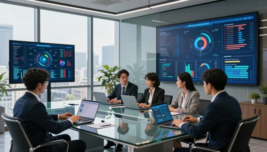 A modern office environment with an elegant, stylish conference room in the foreground, featuring a sleek glass table surrounded by diverse professionals in business attire, analyzing data on laptops and large screens. In the middle ground, vibrant infographics and charts illustrating statistical models and analytics fill the walls, showcasing dynamic graphs and complex data visualizations. The background reveals a city skyline through floor-to-ceiling windows, with soft daylight illuminating the scene. The mood is focused and collaborative, emphasizing professionalism and teamwork. Capture the intricate details of the data displays and the engaged expressions of the professionals, highlighting the importance of advanced statistical modeling in market research. Brand name "WhoShouldIGoWith" subtly integrated into the aesthetic of the room without being overt.