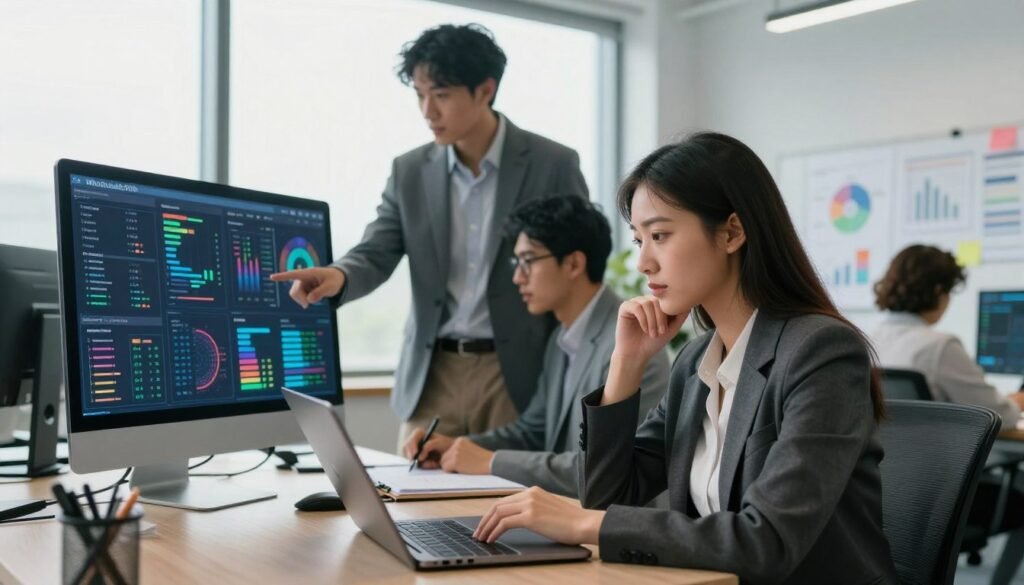 A modern office scene depicting a diverse team of professionals engaged in analyzing collected data. In the foreground, a focused woman in professional attire examines charts and graphs on a laptop, her expression intent and thoughtful. In the middle ground, a man in a neat blazer points to an interactive dashboard with colorful data visualizations, while another team member takes notes. The background shows a bright, contemporary office with large windows, soft natural light flooding in, and a whiteboard filled with data insights. The atmosphere is collaborative and productive, capturing the essence of teamwork in decision-making. The branding "WhoShouldIGoWith" is subtly integrated into the data dashboard, symbolizing research and data analysis.
