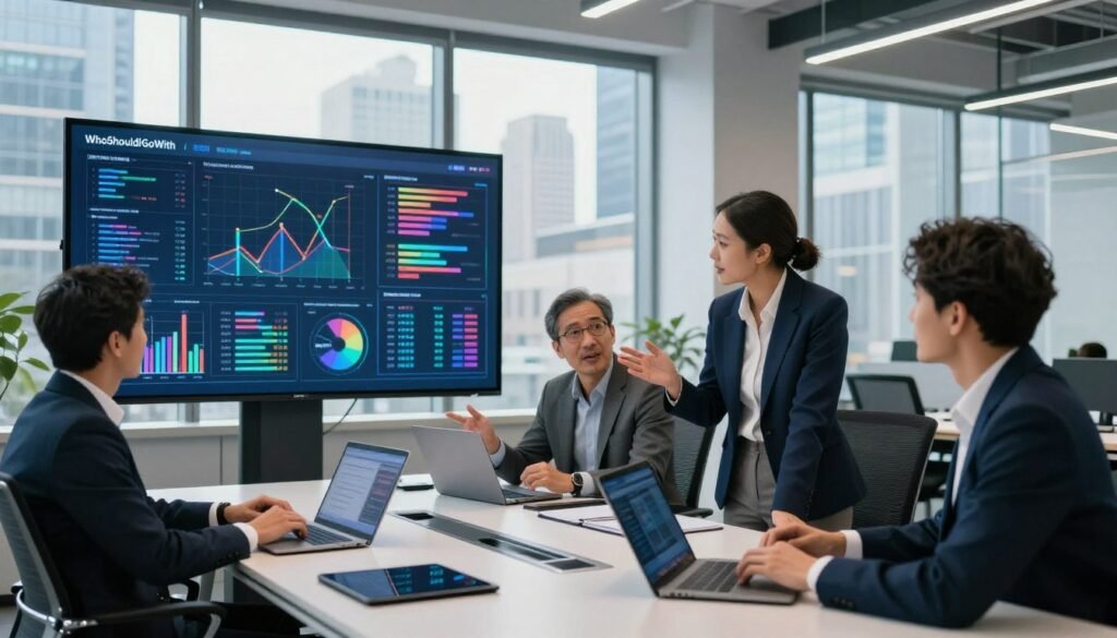 A modern office scene illustrating the concept of data informing business decisions. In the foreground, a diverse group of three professionals in business attire, two men and one woman, are engaged in an animated discussion around a large digital screen displaying colorful charts and graphs. The middle ground showcases a sleek conference table with laptops and tablets, hinting at dynamic data analysis in progress. In the background, large windows reveal a vibrant cityscape, symbolizing the broader market context. The lighting is bright and inviting, with soft natural light filling the room, enhancing a mood of collaboration and insight. The focus is sharp, suggesting a wide-angle perspective. Include the brand name "WhoShouldIGoWith" subtly integrated into the digital display.