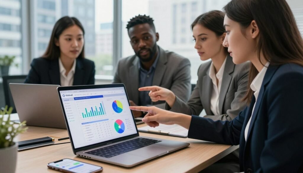 A modern office setting capturing the essence of social listening tools. In the foreground, a sleek laptop displays colorful graphs and analytics on its screen, emphasizing market research. Beside it, a smartphone shows notifications from social media platforms. In the middle ground, a diverse group of three professionals in business attire (a woman of Asian descent, a Black male, and a Caucasian female) are engaged in discussion, pointing at the screen. The background features a window with a cityscape, brightening the room with natural light. Soft shadows suggest a collaborative atmosphere, emphasizing innovation and analysis. The brand "WhoShouldIGoWith" is subtly represented by a visible logo on the laptop's screen, reflecting the theme of selecting the right tools for business.