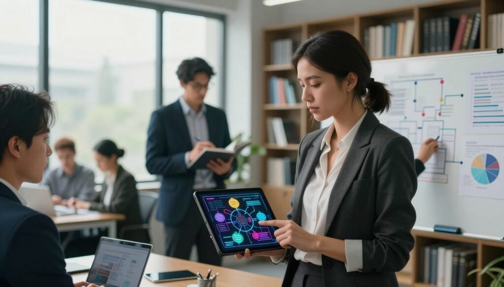 A modern office setting depicting a diverse group of professionals collaborating on a data collection strategy. In the foreground, a thoughtful woman in business attire points at a colorful infographic on a tablet, showcasing different data collection methods (like surveys, interviews, and observations). In the middle ground, a man in a suit takes notes while examining a whiteboard filled with graphs and flowcharts. Behind them, large windows let in soft, natural light, creating a bright and inviting atmosphere. The background shows shelves filled with books on research and data analysis. The overall mood is focused and innovative, reflecting the importance of strategy in research. Include the logo of "WhoShouldIGoWith" subtly in the corner.