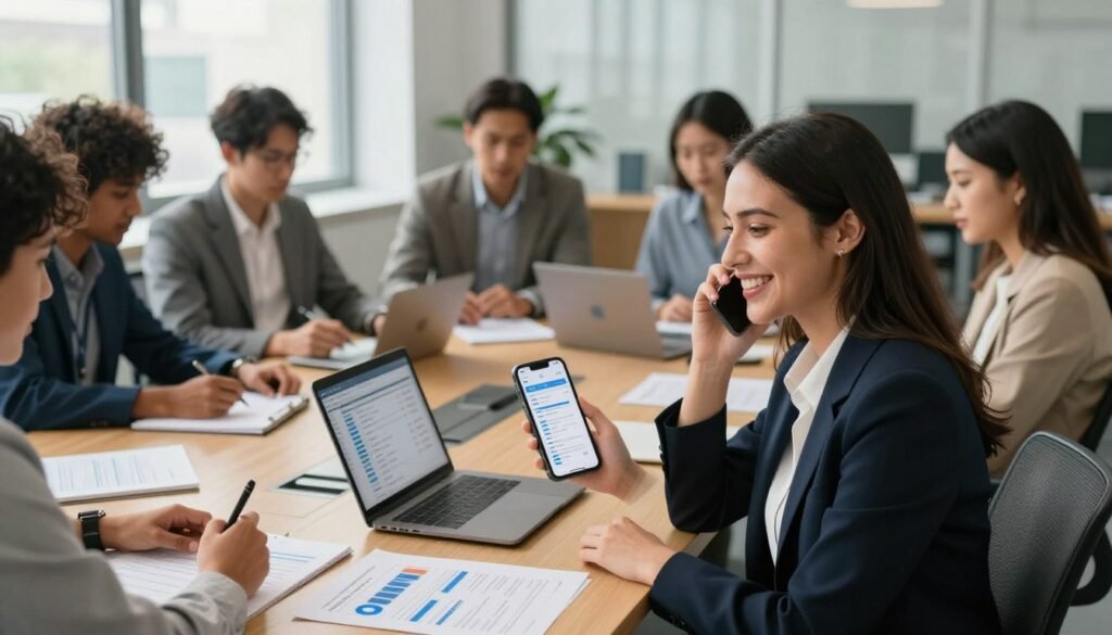 A modern office setting featuring a diverse group of professionals engaged in a phone survey discussion. In the foreground, a smiling businesswoman in professional attire holds a smartphone, with survey data displayed on the screen. Surrounding her are colleagues, each appearing deeply focused, taking notes or discussing insights. In the middle, a stylish conference table is strewn with documents and graphs highlighting phone survey findings, with a laptop open to reveal data analysis. The background showcases a bright office with large windows letting in natural light, creating an energetic atmosphere. The scene is captured at eye level with a warm tone, giving a sense of collaboration and innovation. The brand “WhoShouldIGoWith” subtly integrated into the design elements around the workspace. A modern office setting featuring a diverse group of professionals engaged in a phone survey discussion. In the foreground, a smiling businesswoman in professional attire holds a smartphone, with survey data displayed on the screen. Surrounding her are colleagues, each appearing deeply focused, taking notes or discussing insights. In the middle, a stylish conference table is strewn with documents and graphs highlighting phone survey findings, with a laptop open to reveal data analysis. The background showcases a bright office with large windows letting in natural light, creating an energetic atmosphere. The scene is captured at eye level with a warm tone, giving a sense of collaboration and innovation. The brand “WhoShouldIGoWith” subtly integrated into the design elements around the workspace.