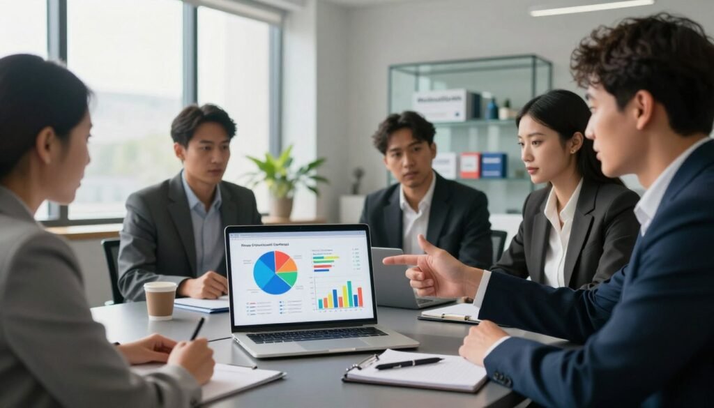 A modern office setting featuring a sleek conference table at the center. In the foreground, an open laptop displays a detailed pie chart and bar graph representing product pricing strategies, with colorful segments highlighting different price points. On the table, a notepad and pen sit beside the laptop, indicating ongoing analysis. In the middle ground, a diverse group of three professionals, dressed in smart business attire, engaged in a discussion, pointing at the laptop. Behind them, a large window allows natural light to flood the room, casting soft shadows and creating a warm, inviting atmosphere. In the background, glass shelves hold various products labeled "WhoShouldIGoWith," subtly emphasizing the focus on competitive pricing strategies in market research. The overall mood is collaborative and analytical, with a sense of focus on decision-making.