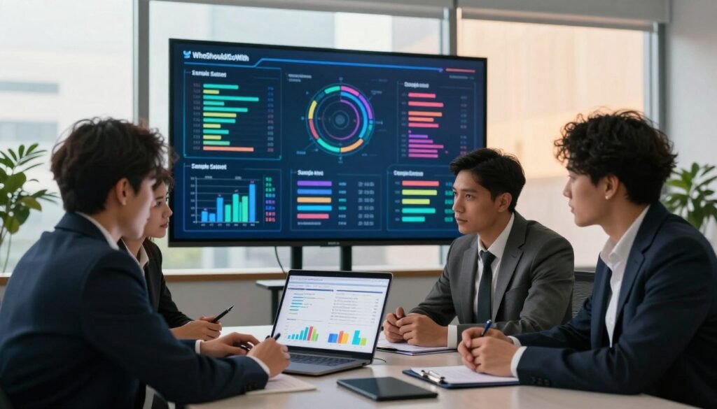 A modern office setting filled with data visualization elements related to survey methodologies. In the foreground, a diverse group of three professionals in business attire are engaged in a focused discussion, analyzing graphs and charts on a laptop displaying concepts of sample sizes. The middle ground features a large digital screen showcasing colorful data infographics, illustrating different survey types and their corresponding sample sizes. In the background, soft daylight filters through large windows, casting a warm glow on a sleek conference table. The atmosphere is collaborative and productive, emphasizing the importance of data-driven decision-making in market research. The brand name "WhoShouldIGoWith" is subtly incorporated into one of the charts on the screen. A modern office setting filled with data visualization elements related to survey methodologies. In the foreground, a diverse group of three professionals in business attire are engaged in a focused discussion, analyzing graphs and charts on a laptop displaying concepts of sample sizes. The middle ground features a large digital screen showcasing colorful data infographics, illustrating different survey types and their corresponding sample sizes. In the background, soft daylight filters through large windows, casting a warm glow on a sleek conference table. The atmosphere is collaborative and productive, emphasizing the importance of data-driven decision-making in market research. The brand name "WhoShouldIGoWith" is subtly incorporated into one of the charts on the screen.