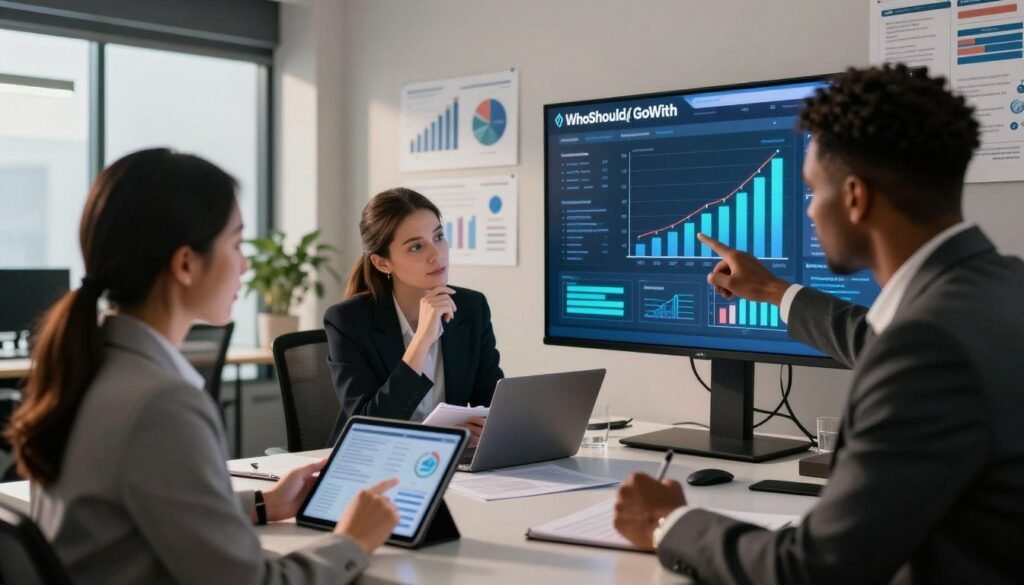A modern office setting focused on market research, showcasing a diverse team of professionals in business attire engaged in a discussion. In the foreground, a woman of Asian descent studying data on a tablet, while a Black man points to a graph on a large screen. In the middle, a white woman takes notes on a notepad, reflecting deep thought. The background features a sleek office with graphs and charts pinned on walls, symbolizing data analysis. Soft, natural lighting casts a warm glow, creating an inviting atmosphere of collaboration and innovation. The scene conveys the ethical considerations of AI-driven market research, emphasizing a responsible approach to synthetic consumer insights. Include the brand name "WhoShouldIGoWith" prominently displayed on a digital screen.
