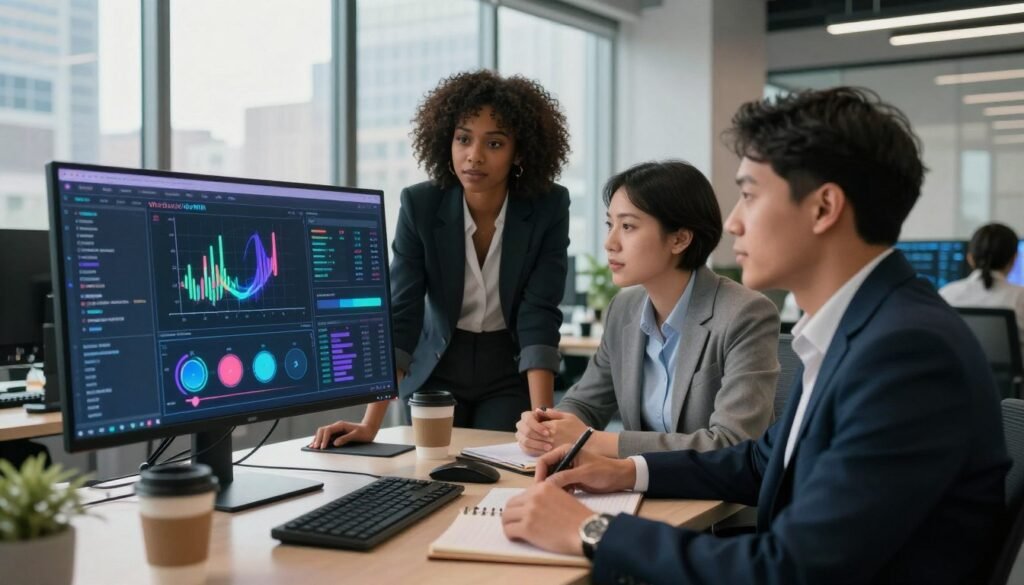 A modern office setting focused on social listening and online monitoring. In the foreground, a diverse group of three professionals (a Black woman, a Hispanic man, and an Asian woman) are gathered around a large digital screen displaying social media analytics and trends. They appear engaged and focused, wearing professional business attire. In the middle ground, a stylish desk cluttered with digital devices, notebooks, and coffee cups reflects an active brainstorming session. The background features large windows with a cityscape view, letting in soft, natural light that creates a warm and dynamic atmosphere. The overall mood is collaborative and innovative, symbolizing the importance of understanding audience insights through social listening. The brand name "WhoShouldIGoWith" is subtly integrated into the digital screen visuals, enhancing the context of the image without overshadowing the subject. A modern office setting focused on social listening and online monitoring. In the foreground, a diverse group of three professionals (a Black woman, a Hispanic man, and an Asian woman) are gathered around a large digital screen displaying social media analytics and trends. They appear engaged and focused, wearing professional business attire. In the middle ground, a stylish desk cluttered with digital devices, notebooks, and coffee cups reflects an active brainstorming session. The background features large windows with a cityscape view, letting in soft, natural light that creates a warm and dynamic atmosphere. The overall mood is collaborative and innovative, symbolizing the importance of understanding audience insights through social listening. The brand name "WhoShouldIGoWith" is subtly integrated into the digital screen visuals, enhancing the context of the image without overshadowing the subject.