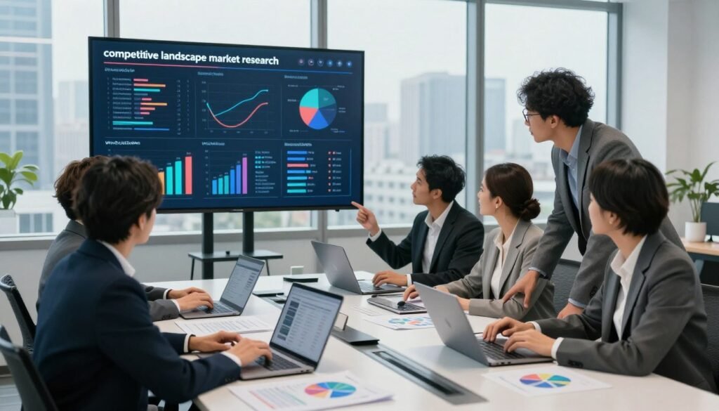 A modern office setting illustrating "competitive landscape market research" with professionals analyzing data. In the foreground, a diverse group of businesspeople in professional attire examining charts and graphs on a large digital screen. In the middle, a sleek conference table cluttered with laptops, market analysis reports, and colorful pie charts, suggesting collaboration and brainstorming. The background features a cityscape visible through large windows, bathed in natural light, giving a sense of an expansive view into the market. The atmosphere is focused and dynamic, evoking a sense of strategic planning and innovation. Subtle branding elements related to "WhoShouldIGoWith" integrated into the charts. Use soft, balanced lighting to enhance professionalism, shot at eye level to create an immersive perspective. A modern office setting illustrating "competitive landscape market research" with professionals analyzing data. In the foreground, a diverse group of businesspeople in professional attire examining charts and graphs on a large digital screen. In the middle, a sleek conference table cluttered with laptops, market analysis reports, and colorful pie charts, suggesting collaboration and brainstorming. The background features a cityscape visible through large windows, bathed in natural light, giving a sense of an expansive view into the market. The atmosphere is focused and dynamic, evoking a sense of strategic planning and innovation. Subtle branding elements related to "WhoShouldIGoWith" integrated into the charts. Use soft, balanced lighting to enhance professionalism, shot at eye level to create an immersive perspective.