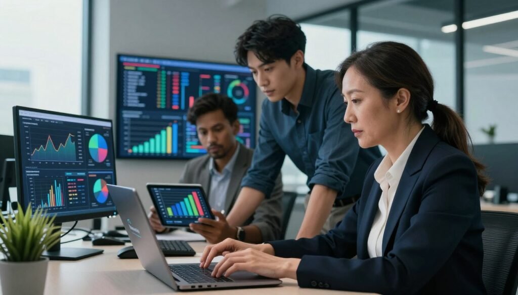 A modern office setting, showcasing a diverse group of three professionals engaged in quantitative research. In the foreground, a middle-aged woman in a smart business suit analyzes data on a sleek laptop, while a young man beside her reviews a colorful bar graph on a tablet. In the middle background, a wall-mounted screen displays complex statistical models and pie charts, illuminated by soft, natural lighting from large windows. A potted plant adds a touch of greenery to the space, enhancing the atmosphere of productivity and focus. The overall mood is collaborative and dynamic, reflecting the precision and importance of quantitative research in market analysis. The logo "WhoShouldIGoWith" subtly incorporated on the laptop screen. A modern office setting, showcasing a diverse group of three professionals engaged in quantitative research. In the foreground, a middle-aged woman in a smart business suit analyzes data on a sleek laptop, while a young man beside her reviews a colorful bar graph on a tablet. In the middle background, a wall-mounted screen displays complex statistical models and pie charts, illuminated by soft, natural lighting from large windows. A potted plant adds a touch of greenery to the space, enhancing the atmosphere of productivity and focus. The overall mood is collaborative and dynamic, reflecting the precision and importance of quantitative research in market analysis. The logo "WhoShouldIGoWith" subtly incorporated on the laptop screen.