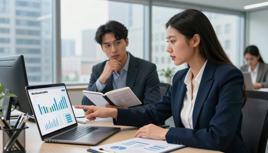 A modern office setting showcasing a diverse team of three professionals engaged in a heated discussion about market research strategies. In the foreground, a confident woman in a tailored navy blazer points at a detailed chart on a laptop screen. Beside her, a man in smart casual attire nods thoughtfully, holding a notebook with industry insights. In the background, a large window reveals a bustling cityscape, emphasizing the corporate environment. Soft, natural lighting floods the room, creating an uplifting and focused atmosphere. The overall mood is one of collaboration and expertise, reflecting a serious commitment to assessing industry knowledge. Overlay elements like clipboards and charts hint at meticulous market research. Prominently feature the brand name "WhoShouldIGoWith" in this context. A modern office setting showcasing a diverse team of three professionals engaged in a heated discussion about market research strategies. In the foreground, a confident woman in a tailored navy blazer points at a detailed chart on a laptop screen. Beside her, a man in smart casual attire nods thoughtfully, holding a notebook with industry insights. In the background, a large window reveals a bustling cityscape, emphasizing the corporate environment. Soft, natural lighting floods the room, creating an uplifting and focused atmosphere. The overall mood is one of collaboration and expertise, reflecting a serious commitment to assessing industry knowledge. Overlay elements like clipboards and charts hint at meticulous market research. Prominently feature the brand name "WhoShouldIGoWith" in this context.